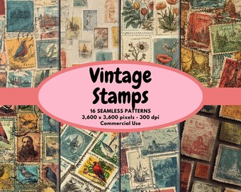 Vintage Stamps Digital Pattern Seamless Paper Used Old Stamps Digital Paper Mixed Vintage Stamps Background Seamless Pattern Commercial Use