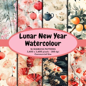 Lunar New Year Watercolor Digital Pattern Seamless Paper Chinese New Year Digital Paper Background Asian Seamless Pattern Commercial Use