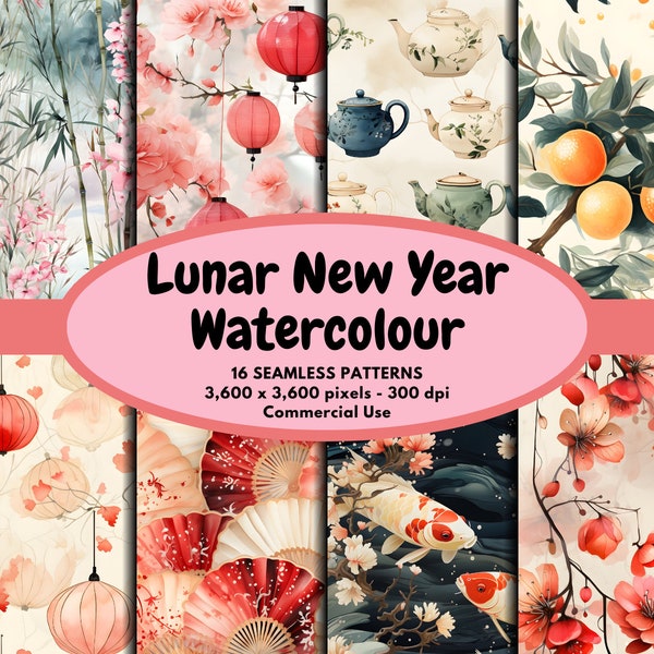 Lunar New Year Watercolor Digital Pattern Seamless Paper Chinese New Year Digital Paper Background Asian Seamless Pattern Commercial Use