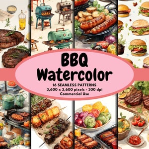BBQ Watercolor Digital Pattern Seamless Paper Barbeque Digital Paper Kawaii BBQ Grill Background Steak Grill Seamless Pattern Commercial Use