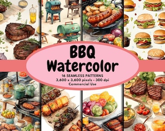 Puede incluir: Una colección de 16 patrones sin costuras de acuarela que presentan varios elementos de barbacoa, incluyendo carnes a la parrilla, verduras, brochetas, hamburguesas y equipo de parrilla. Los patrones son perfectos para crear diseños digitales o impresos para decoración del hogar, telas o empaques.