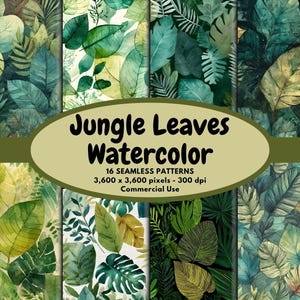 Könnte beinhalten: Eine Sammlung nahtloser Aquarellmuster mit verschiedenen grünen Dschungelblättern. Das Bild enthält den Text "Jungle Leaves Watercolor" und Details zu den Mustern, einschließlich der Pixelabmessungen und der kommerziellen Nutzung.