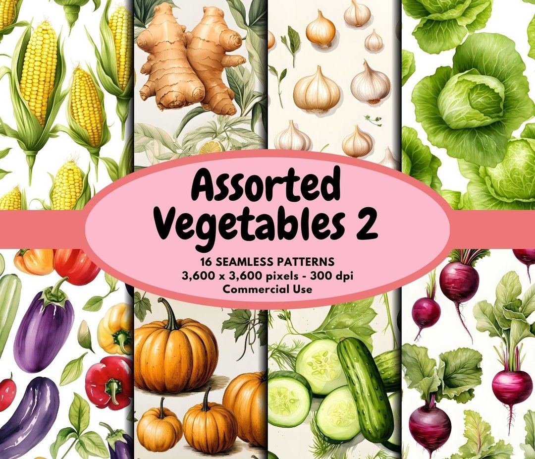 Watercolor Vegetables Digital Pattern Seamless Paper Assorted Vegetable ...