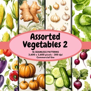 Op de afbeelding: Een set van 16 digitale naadloze patronen met verschillende groenten, waaronder maïs, gember, knoflook, kool, aubergine, paprika's, pompoenen, komkommers en bieten. De patronen zijn 3.600 x 3.600 pixels en 300 dpi.  Geassorteerd Groente 2 - Commercieel Gebruik.