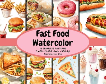 Fast Food Watercolor Digital Pattern Seamless Paper Fast Food Art Digital Paper Fast Food Background Burger Seamless Pattern Commercial Use