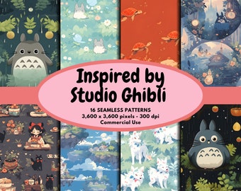 Studio Ghibli Inspired Digital Pattern Seamless Paper Totoro Seamless Pattern Kiki Jiji Cat Mononoke Scrapbook Background Commercial Use