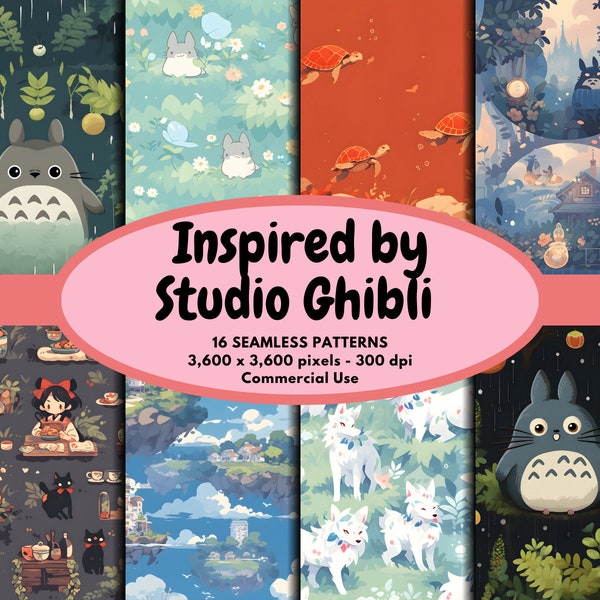Studio Ghibli Inspired Digital Pattern Seamless Paper Totoro Seamless Pattern Kiki Jiji Cat Mononoke Scrapbook Background Commercial Use