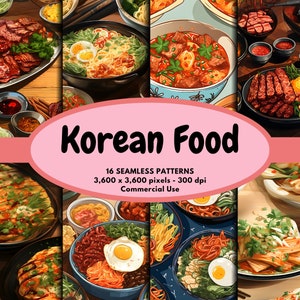 Może przedstawiać: Cyfrowa ilustracja przedstawiająca różne koreańskie dania, w tym makaron, grillowane mięso i dodatki. Obraz zawiera tekst "Korean Food" oraz szczegóły dotyczące wzorów.