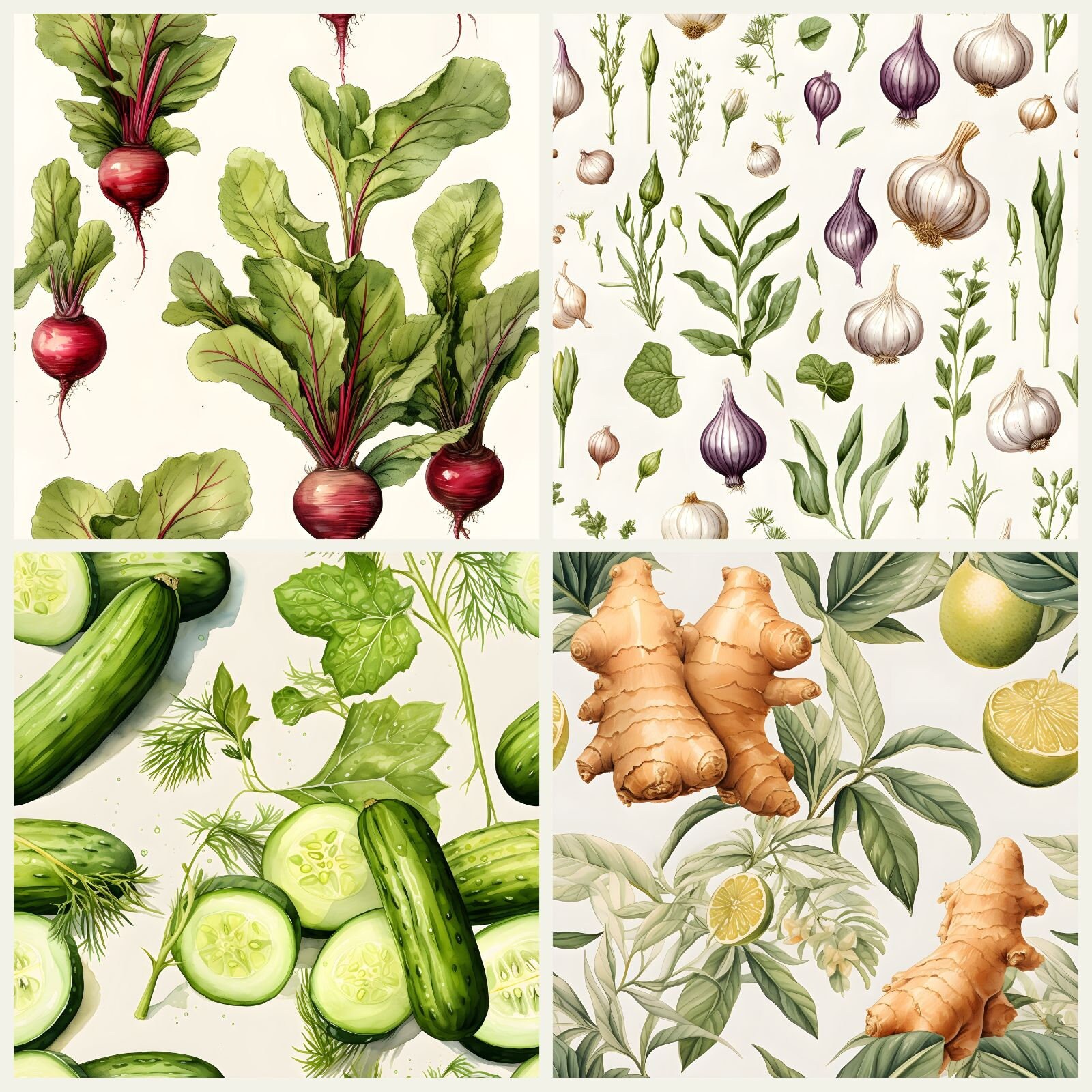 Watercolor Vegetables Digital Pattern Seamless Paper Assorted Vegetable ...