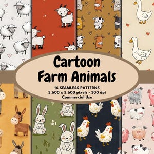 May include: Sixteen seamless patterns featuring cartoon farm animals, including sheep, goats, cows, ducks, donkeys, rabbits, chickens, and pigs. The image includes the text "Cartoon Farm Animals" and pattern details. The patterns are 3,600 x 3,600 pixels.