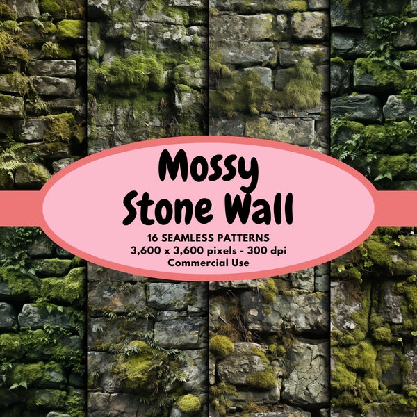 Mossy Stone Wall Digital Pattern Seamless Paper Mossy Brick Wall Seamless Pattern Digital Paper Pack Brick Background Commercial Use