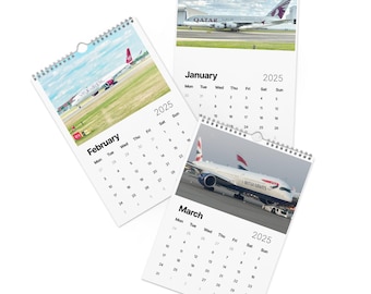 May include: A wall calendar featuring different airplanes for each month. The months shown are January, February, and March. The year is 2025.