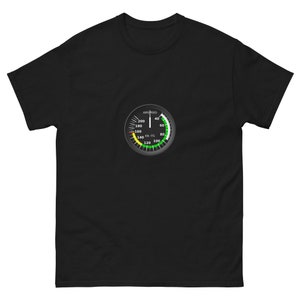 May include: Black t-shirt with a graphic of a black and white airspeed indicator gauge with green and yellow markings. The gauge reads "AIRSPEED" and has numbers from 40 to 200 in increments of 20. The gauge also has the words "KNOTS" and "ITS" printed on it.