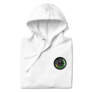May include: White hooded sweatshirt with a black and white airspeed indicator graphic on the front. The indicator has a green, yellow, and red arc.