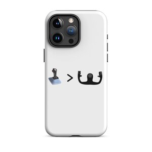 Könnte beinhalten: Weisses iPhone-Case mit einer schwarz-weissen Grafik eines Joysticks und eines Lenkrads mit dem Text '>'.