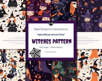 May include: A digital design collection featuring eight Halloween-themed patterns. The patterns showcase witches, pumpkins, bats, and other spooky elements in various color schemes, including orange, purple, and black. The text on the image reads "Witches Pattern".