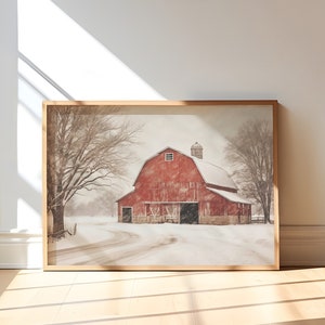 Winter Wall Art | Red Barn Vintage Print | Cottagecore Decor | Rustic Holiday Decor | Winter Farmhouse Painting | Country Holiday Wall Print