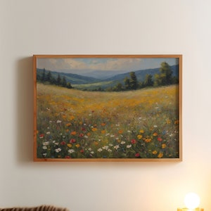 Printable Wildflower Field Painting | Vintage Farm House | Countryside Oil Painting | Spring Meadow Print | Cottagecore Wall Decor