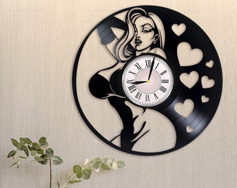 Jessica Rabbit Wall Art, handgemaakte vinyl record wandklok, retro klok, esthetische appartement muur decor, LP klok, housewarming cadeau