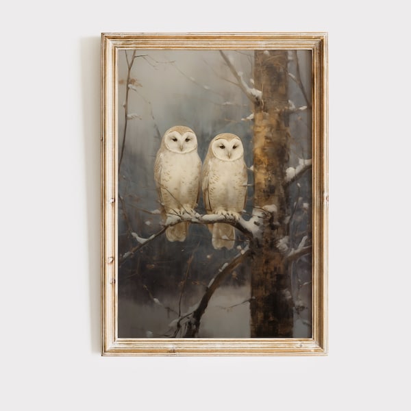 Antique White Owl Painting | Dark Academia Printable Wall Art | Moody Rustic Bird Print | Vintage Owls Wall Art | Neutral Holiday Wall Decor