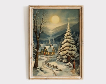 Vintage Christmas Village Painting, Snowy Winter Landscape (Digital Download)