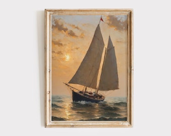 Dipinto di paesaggio marino d'epoca / Stampa artistica di nave antica (download digitale)