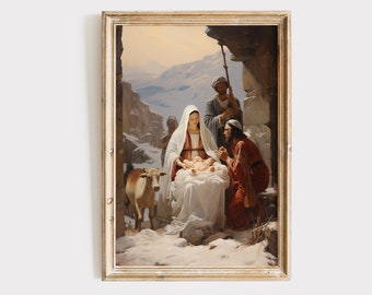 May include: A painting depicting the Nativity scene with Mary, Joseph, and the baby Jesus. Two shepherds are kneeling in the snow, looking at the baby. A white goat is standing in the snow in the foreground. The painting is set in a mountainous landscape.