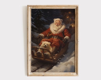 Vintage Santa Claus in Snow Painting, Cozy Cottage Christmas Decor, Christmas Printables, Light Academia Holiday Decor, Christmas Painting