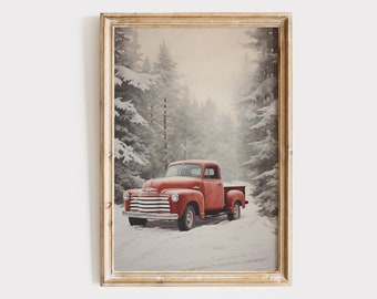 May include: A framed print of a red vintage pickup truck driving through a snowy forest. The truck is in the foreground and the trees are in the background. The image is in a rustic style.