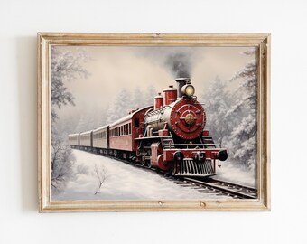 Vintage Christmas Express Train Art Print, Snowy Winter Landscape (Digital Download)