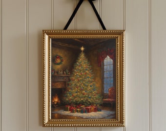 May include: A framed Christmas-themed painting with a gold beaded frame, hanging by a black velvet ribbon. The painting depicts a decorated Christmas tree with gifts, a fireplace, and a window. The overall color palette is warm with gold, red, and green.