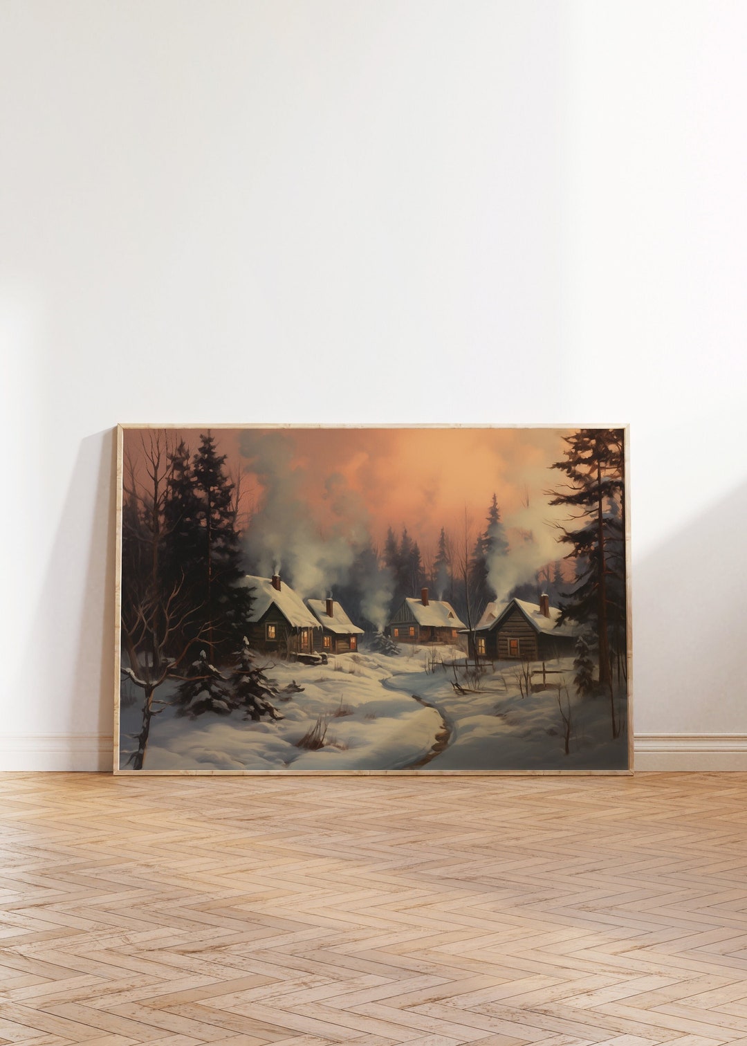 Vintage Snowy Village Oil Painting | Rustic Winter Landscape (digital ...