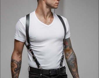 Men's leather suspender harness, Men body belts, Adjust Pants suspender belt, Man Accessories, Leather suspenders for trousers, Gift for him