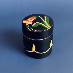 Vintage Lacquer Trinket Box: Hand-Painted Pink Flower, Black & Wood