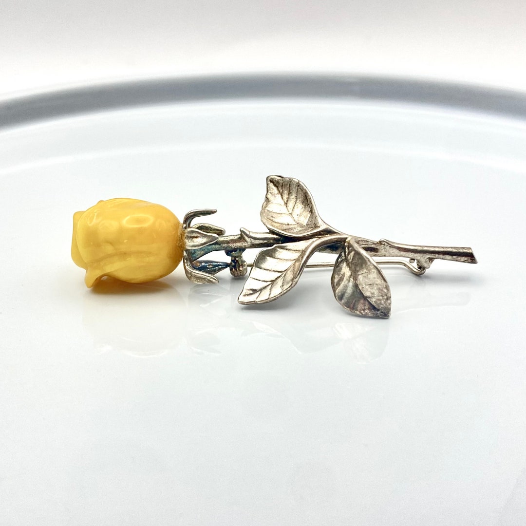 Single Rose Pin Rose Pin With Realistic, Detailed Sterling Silver Stem and Leaves and ...