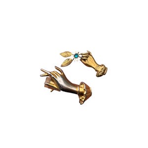 Vintage Brass Hand Brooch: Victorian Revival Flower Pins