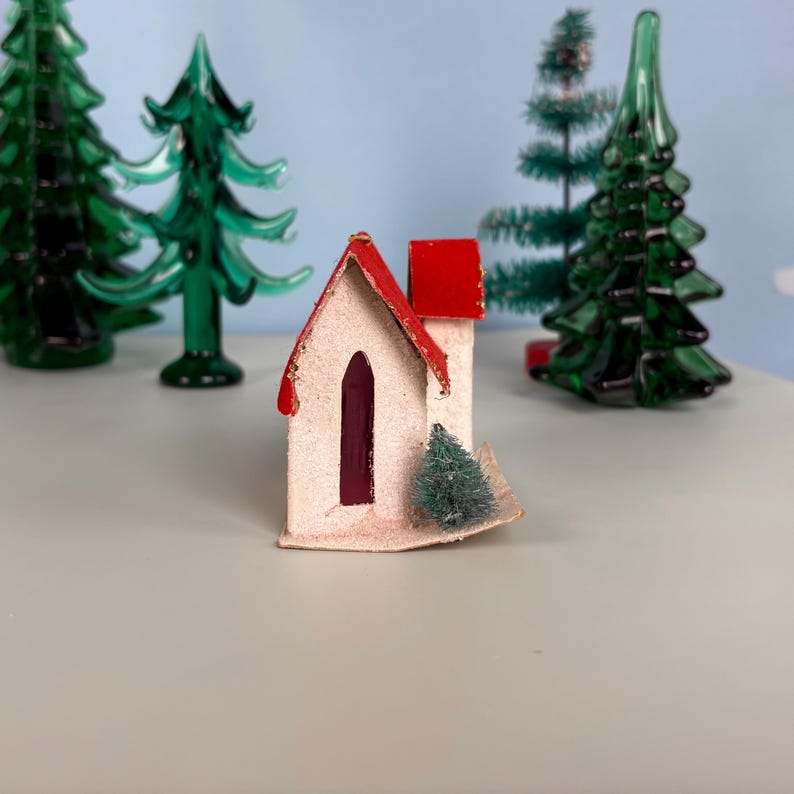Vintage Putz Christmas House or Cathedral Featuring Bottle Brush Tree