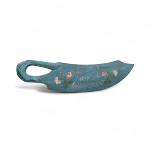 Antique Swedish hand painted flax scutching knife with floral motif on blue background including pink roses. Folk art dowry item dated 1843