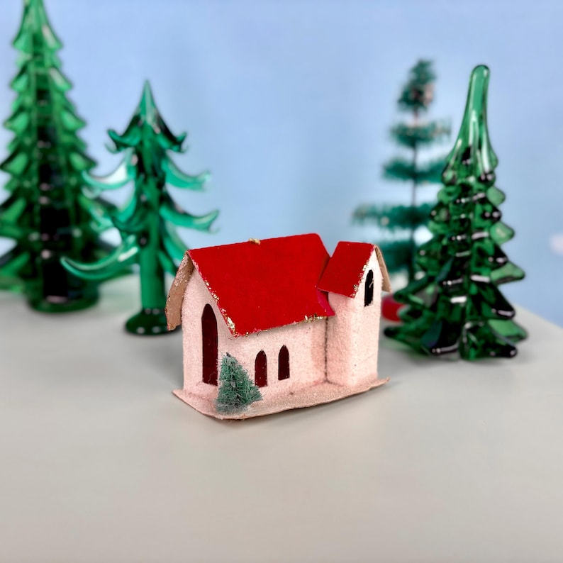 Vintage Putz Christmas House or Cathedral Featuring Bottle Brush Tree