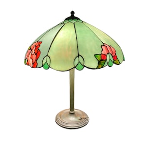 Art nouveau antique highly collectible Duffner & Kimberly stained slag glass  lamp. Green shade with rosey flowers. 23&quot; H x 19&quot; W. Made USA.