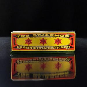 Vintage Three Star Safety Matches. Swedish innovation! King bonfire size. Bold yellow and red box. Tre Stjarnor Tandsticks Jönköping Sweden.