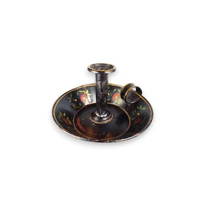 1800s Antique American Toleware - Large Hand-Stenciled, Hand-Painted Candle Holder with Primitive Flowers.