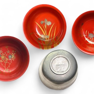 Vintage Yamanaka & Co. Floral Lacquer and Pewter Bowls. Mid-Century Collector&#39;s Set. Made in Japan.