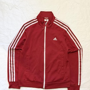 Vintage Adidas Zip Though Röd Träningsjacka med 3 Ränder och Logotyp Y2K