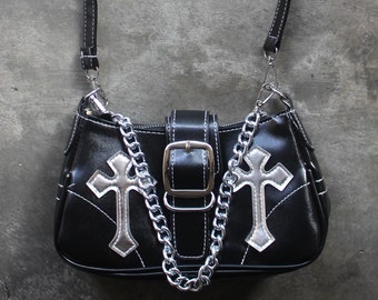 Borsa a mano casual da donna Y2k con manico in pelle nera, borsa tote punk, borsa vintage punk Y2K alla moda con croce argentata, stile gotico, regalo da strega, retrò