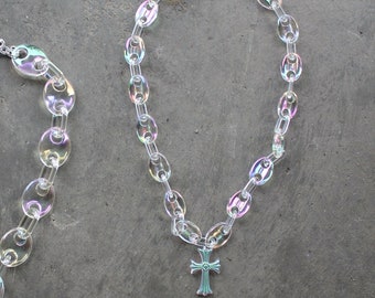 Iridescent Clear Resin Chunky Necklace, Holographic Clear Acrylic Links, Streetwear Chain, Cool Necklace, Street Necklace, Design Necklace