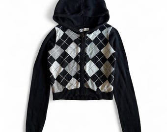 Bluza z kapturem Hollister Vintage Y2K z zamkiem błyskawicznym w kolorze argyle, czarno-szaro-biała, Y2K Deadstock, damska, z lat 2000., elegancka, jesienno-zimowa, wygodna, ciepła, Abercrombie