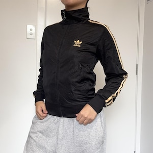 Adidas Originals Damjacka med Zip Up Vintage 2000 Y2K Randig Bomberjacka Svart Guld Hög Hals Streetwear