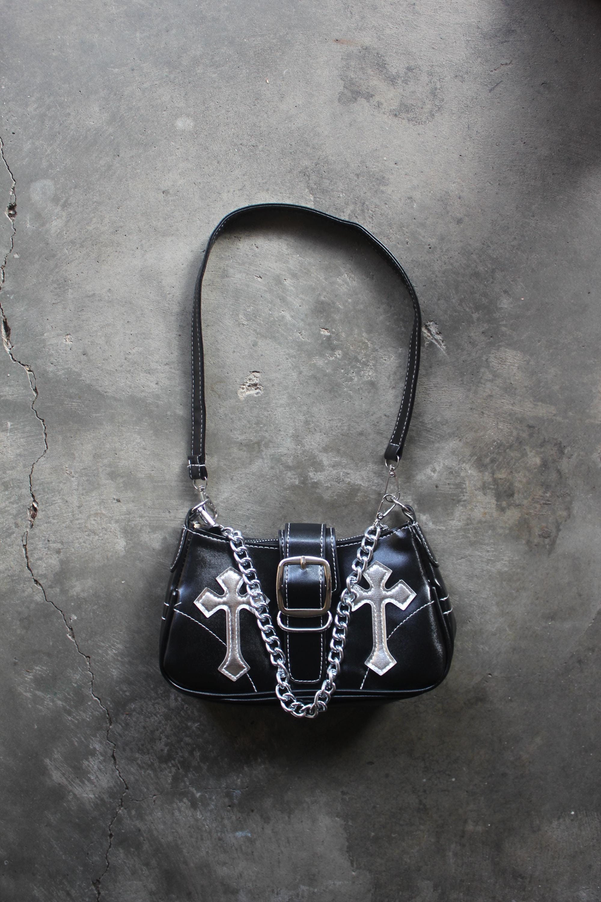 Tote Black Leather gimmick handbag y2k Y2k Black Bag -