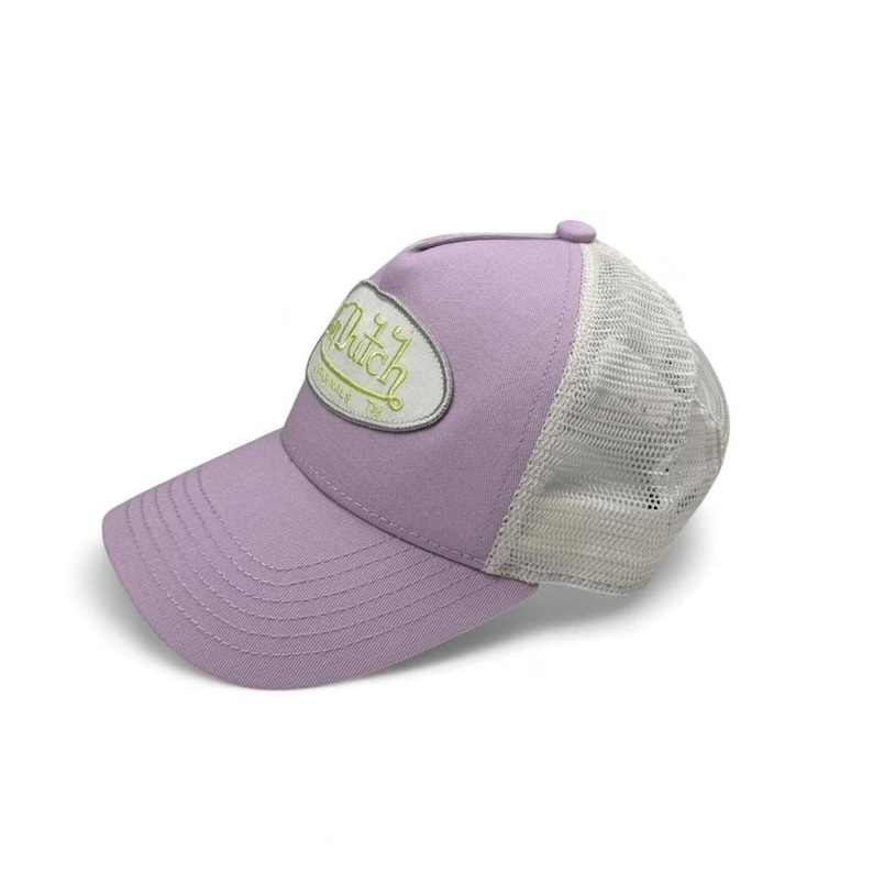 May include: A lilac trucker cap with a white mesh back. The cap has a curved peak and a patch on the front with the word "Dutch" in a stylized font. The patch has a white background with a green border.